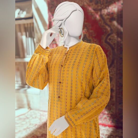 JUNAID JAMSHED PAKISTANI DESIGNER SPARKLY YELLOW JACQUARD KURTA AUTHENTIC - Picture 5 of 6